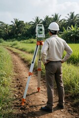 Obraz premium Civil engineer uses total station instrument on a tripod outdoors. Man surveys land plot along dirt path near lush green fields and tropical trees.