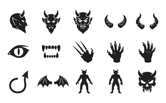 Black devil and demon silhouettes with horns wings fangs claws and tails for halloween stickers.