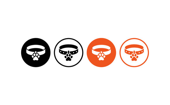 Graphic dog collar icons with paw print tags in black and orange circular sets