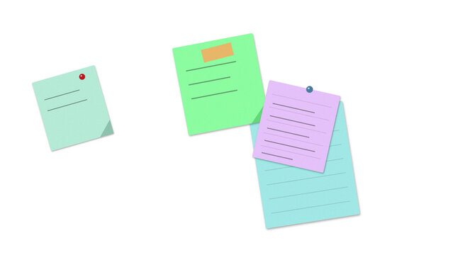 Colorful sticky notes with handwritten text pinned on a wall isolated on transparent background