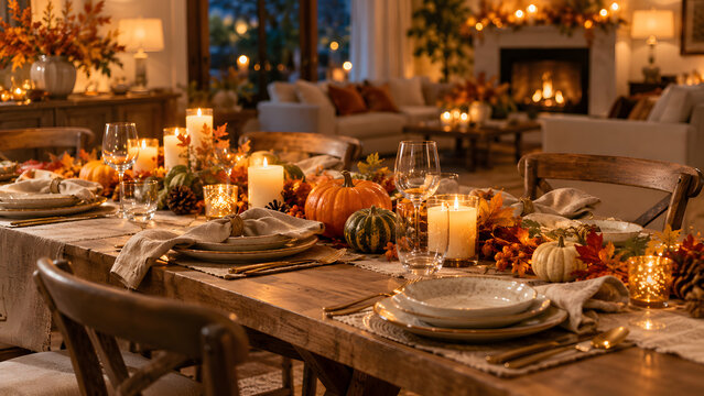 Cozy Thanksgiving dinner table with pumpkins, autumn leaves, linen tableware and glowing candles in a warm modern home, creating an elegant seasonal dining atmosphere.