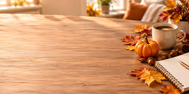 Thanksgiving business background with elegant wooden desk, pumpkin, coffee cup, autumn leaves and blank notebook, warm office setting with generous copy space.