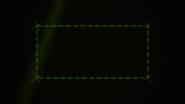 Glowing digital frame with dashed lines and corner starbursts on dark background, concept for futuristic interface, ideal for tech presentations and sci-fi video editing