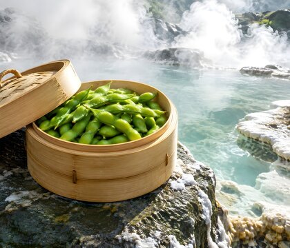Green edamame pods filling a bamboo steamer set on the flat rock ledge of a geothermal hot spring with steam rising