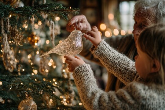 Intergenerational bonding and holiday traditions grandmother and granddaughter decorating a Christmas tree with ornaments in a cozy home interior