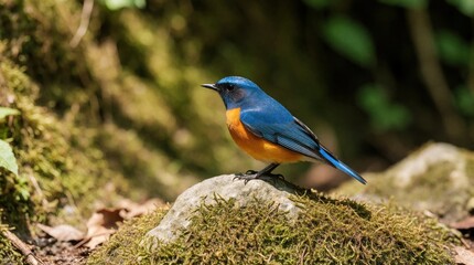 Fototapeta premium Small blue, orange bird sits on mossy rock in forest. Vibrant avian creature perches on stone among green plants. Wild bird rests in natural habitat with soft bokeh background. Beautiful wildlife