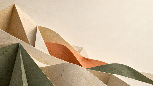 Minimalist paper cut art background, textured origami mountain landscape composition, geometric papercraft backdrop for design