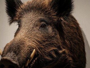 Fototapeta premium Close up of taxidermy wild boar head with large tusks. Stuffed forest animal trophy displays detailed brown fur, snout. Realistic mammal head mount serves as hunting decoration scientific specimen in