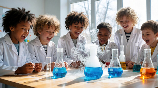 Group of diverse kids wearing white lab coats perform chemistry experiment in school science class. Excited children react with surprise to colorful liquid reaction in glass flasks. Students enjoy