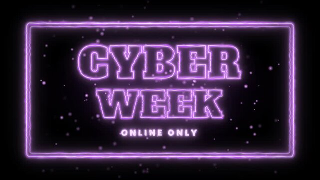 Cyber Week Neon Sign Glowing Purple on Black Background with Particles