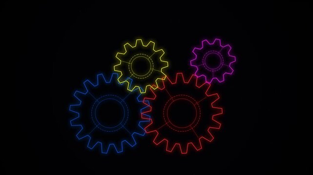 Vibrant interlocking cogs with colorful glowing outlines on a black background, representing seamless synergy and technological progress, ideal for business presentations and engineering website