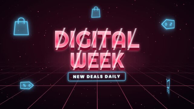 Digital Week Neon Sign with Shopping Icons and Grid Background