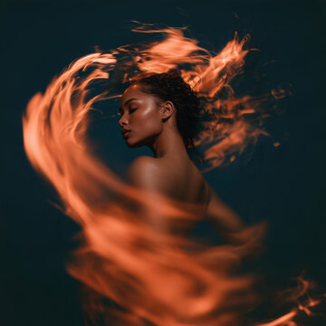 Woman dancing wrapped in flames of passion