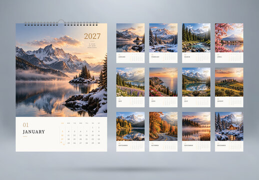 2027 Wall Calendar Template with Nature, Elegant Minimalist Design