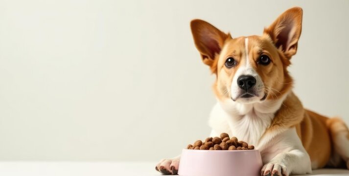 Corgi dog with full bowl of dry food on light background. Pet store or veterinary clinic banner promoting small breed dog nutrition and care. copy space, free space for text