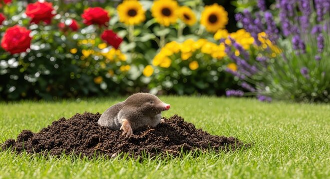 A small, adorable mole with soft fur emerges from a fresh mound of soil in a vibrant garden, surrounded by green grass and colorful flora, dirt, tunnel, garden-bed