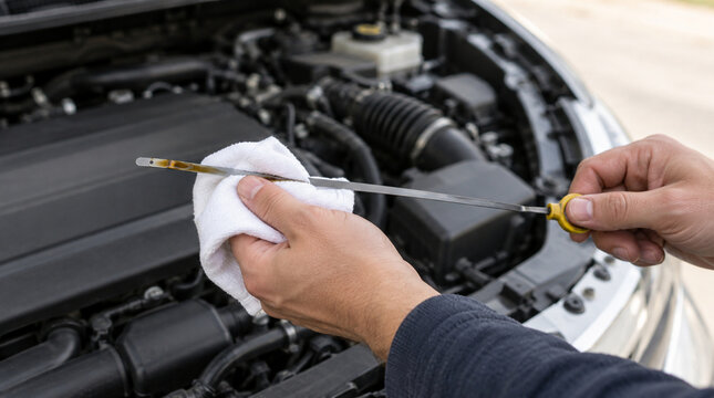 Mano comprobando nivel de aceite mediante varilla automotriz