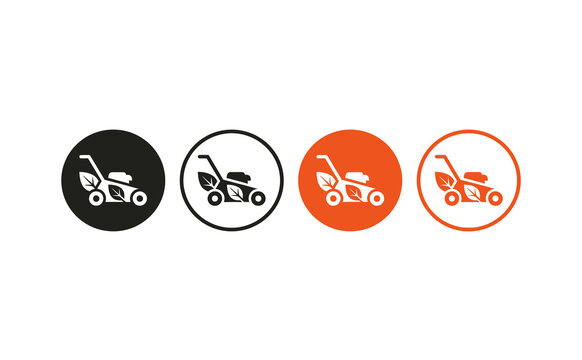 Eco friendly lawn mower icons with leaf symbol in circular badges