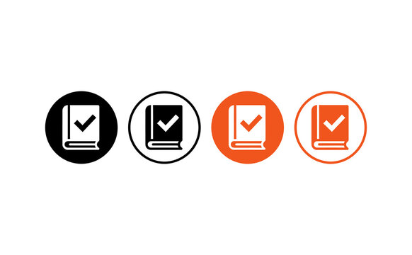 Modern book icons with checkmark symbols in orange and dark circle frames