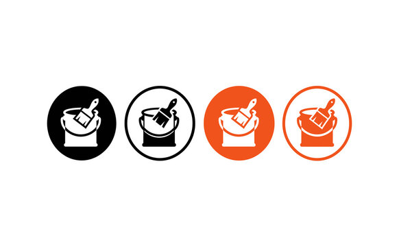 Graphic paint bucket icons featuring brush tools in orange and black circles