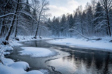 Fototapeta premium Winter landscape with frozen river winding through snowy forest. Ice patches, white snow cover banks, tree branches. Cold calm nature scene shows blue sky over woodland during frosty season in