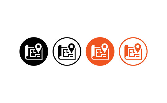 Modern floor plan icon set with location pins in black and orange circles