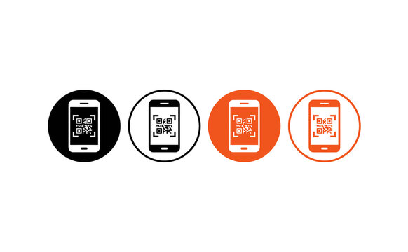 Modern smartphone icons displaying QR codes in black and orange circular frames