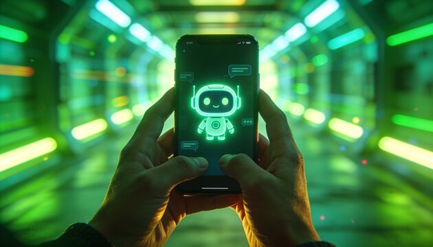 AI chatbot concept: smartphone screen showing an adorable robot assistant icon, held in both hands against a green-teal neon tunnel with futuristic bokeh, cinematic stock photography, 4K