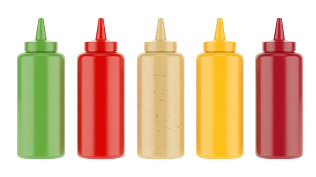 Colorful squeeze bottles png condiment bottles png sauce dispensers png kitchen squeeze containers png transparent image