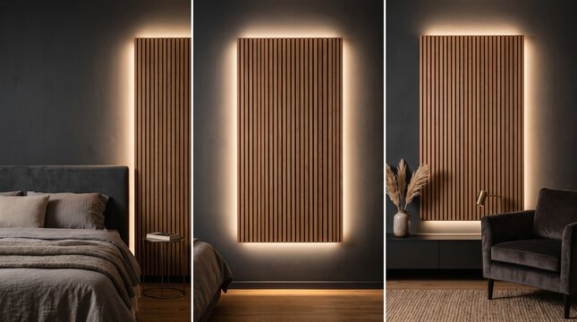 Vertical oak or walnut slats on a matte charcoal wall, with the panel mounted about 2 cm off the surface. A hidden LED strip behind the panel throws a soft halo around the edges. It suits a TV wall or