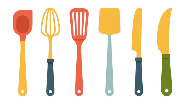 Colorful kitchen utensils png spatulas whisks knives png cooking tools png kitchen equipment png transparent image