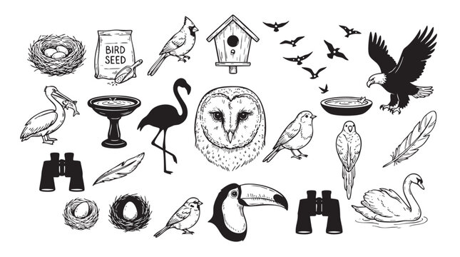 Bird and nature icon set featuring various species and birding tools in ink sketch style for outdoor projects.