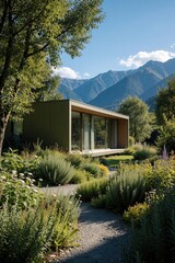 Fototapeta premium Modern luxury villa stands in rich garden with mountain range view. Contemporary architecture features large glass windows, wooden details. Scenic landscape shows green trees, mountain peaks, blue