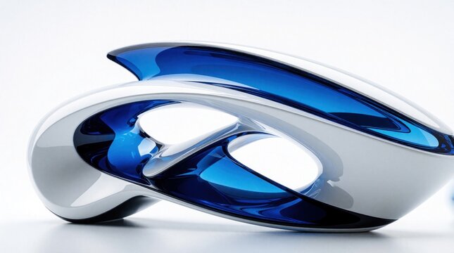 Modern blue, white abstract sculpture with sleek curves, glossy finish. Futuristic 3D art object features flowing shapes, liquid look. Contemporary decor piece for luxury interior design tech concept
