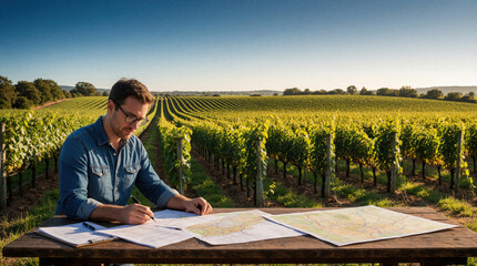 Obraz premium Male winemaker sits at wooden table in vineyard during harvest. Man uses pen for farm planning with map, documents. Pro grower manages grape crop, agricultural estate in rural landscape under sunny
