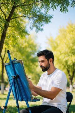 Young male artist draws caricature on blue easel in sunny park. Creative man sits outdoors sketching portrait with pencil. Hobbyist enjoys leisure time art illustration under green trees during