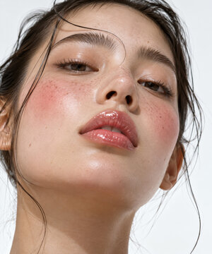 Realistic skin texture with visible pores, fine facial hairs, subtle imperfections and natural highlights, healthy hydrated glow without excessive retouching. Clean white studio background with genero
