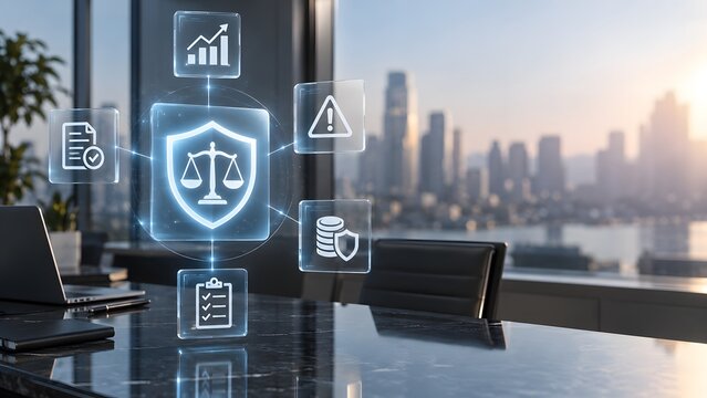 Legal technology concept with digital scales of justice and a city skyline in the background