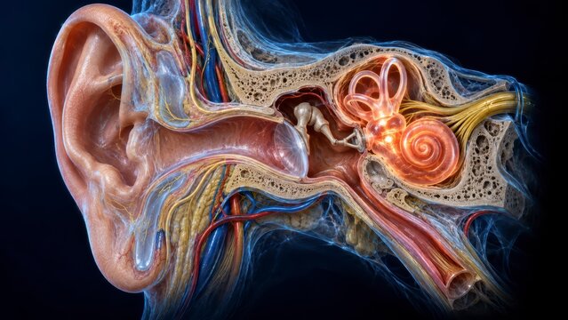 Human ear anatomy cross-section with glowing cochlea medical clinical