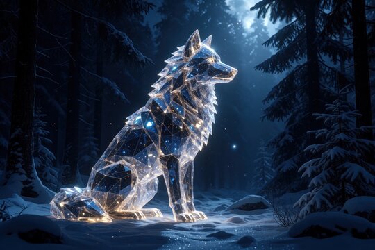 Glowing celestial wolf made of geometric crystal shards sits in snowy winter forest at night. Magical blue polygon animal spirit shines with neon light under moonlight. Fantasy digital art