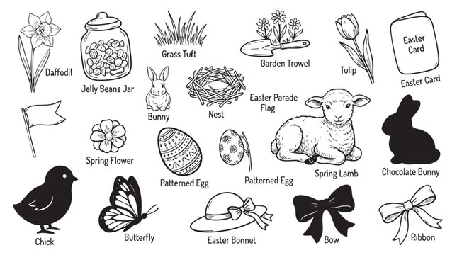 Easter collection of seasonal doodles and illustrations for holiday celebration.
