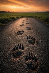 Fototapeta premium Bear paw prints cross asphalt road at sunset. Animal tracks lead through rural countryside field during golden hour. Wild predator marks path towards grass field under orange evening sky. Nature