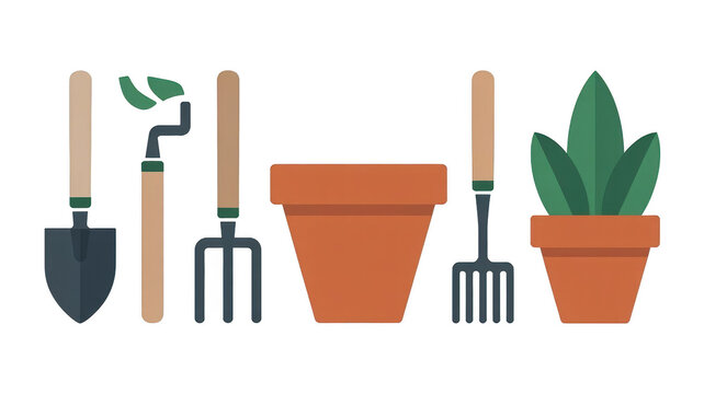 Gardening tools icons png flower pot png watering can rake png flat design garden equipment png collection png transparent background image