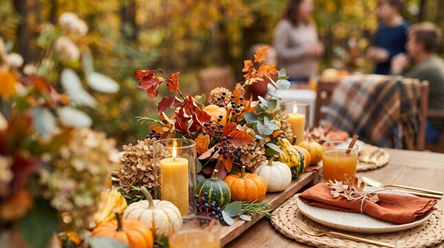 Autumn dinner table set with pumpkins, candles, leaves and rustic napkins while family gathers in the background