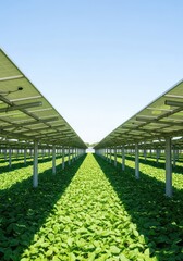 Naklejka premium High tech solar panels provide shade over rows of lush green crops in an innovative agrivoltaic farm design for sustainable food production, plantation, sunlight, environment