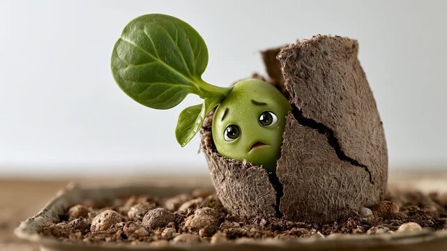 Sad seedling with big eyes wilting in cracked clay pot