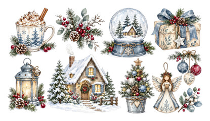 Obraz premium PNG Cozy watercolor Christmas cottage and festive winter holiday decorations