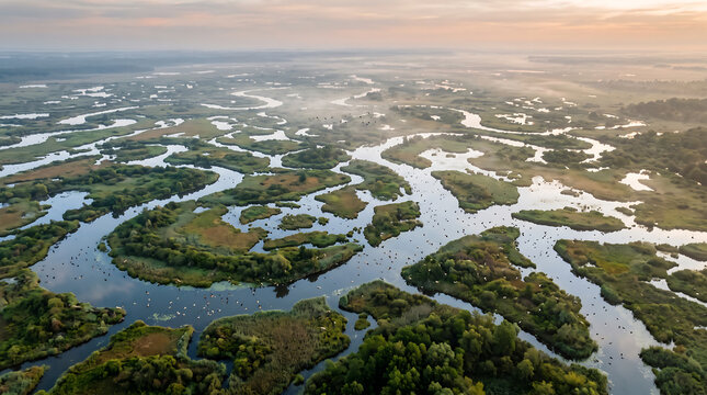 Aerial view of a vast wetland with winding river channels, green marshy islands, and patches of morning mist under a soft sunrise sky