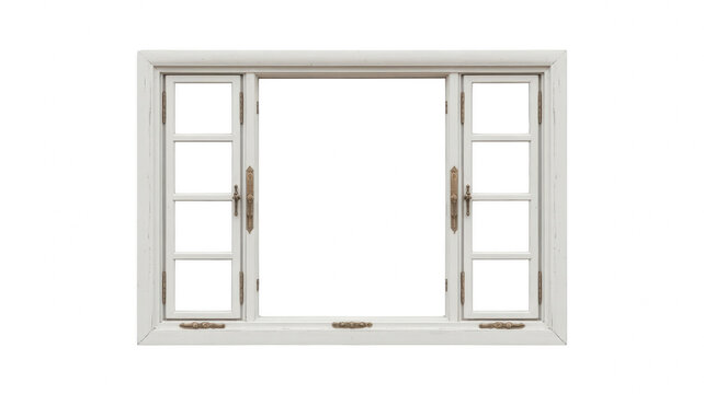 Vintage wooden window png white window frame png golden handles png classic window decor png transparent background image