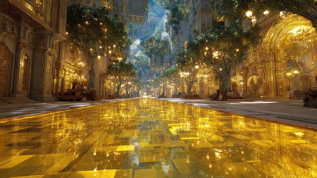 Luxury lifestyle and opulence golden city street with ornate architecture and glowing lights in a fantasy urban environment for high-end travel concepts